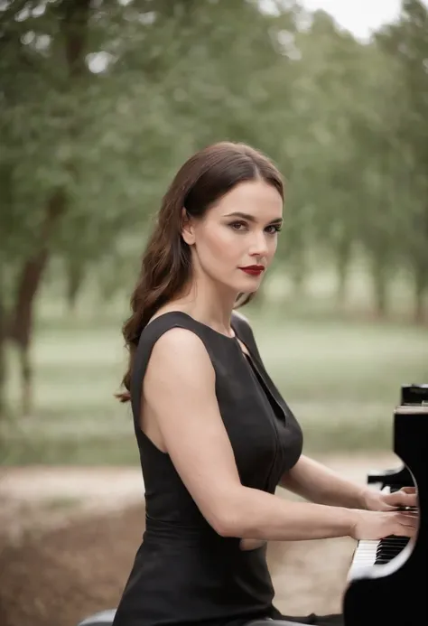 uma mulher madura negra usando um vestido feito de piano,vestido de piano de cauda,vestido de piano vintage,cordas de piano como detalhes do vestido,teclas de piano elaboradas como a textura,Roupa em preto e branco