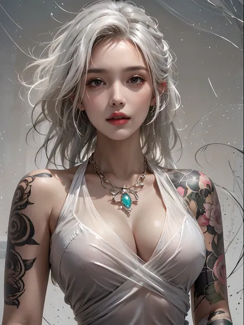 Photorealistic, High resolution, Soft light,1womanl, Solo, hips up high, glistning skin, (Detailed face),The tattoo, Jewelry, micro dress, street wear, Night, White wavy hair, Beautiful Soldier, An eye that invites the viewer, Lovers perspective, inviting ...