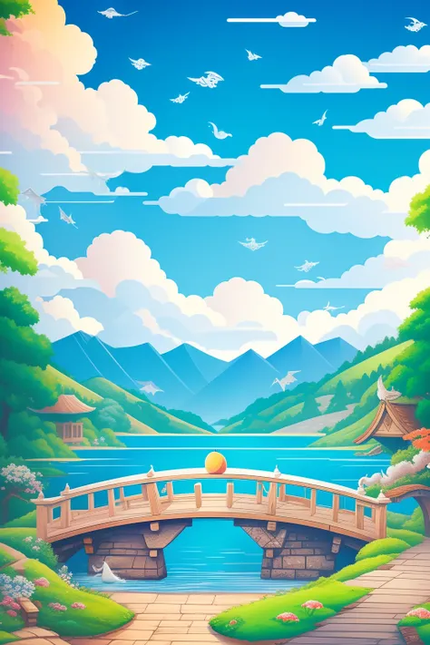 On a quaint bridge there is an old man with a peach，Illustration type，The pale blue sky is dotted with white clouds in the shape of dragons，Above the ground is a lake，pixal style