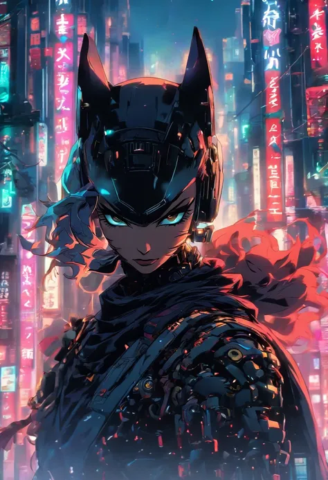 Dark_Fantasy, Cyberpunk, Catwoman Mechanical marvel, Robotic presence, Cybernetic guardian, samurai mechanical armour, katana on the waist, absolutely stunning art,wearing a black cloak, highest quality art, highest resolution, hyper detailed,black and red...