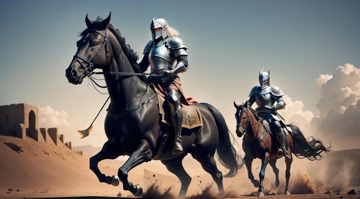 um ((Medieval black knight holding a scale)), with his imposing black horse crossing the plain, biblical, Bible Stories