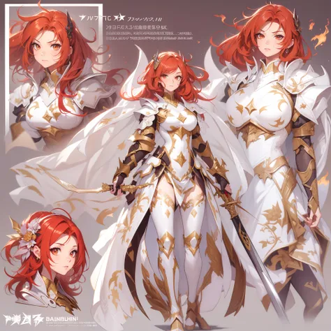 Masterpiece, Highest quality, Detailed face, CharacterDesignSheet，perfectly proportions，full bodyesbian，Full of details, Multiple poses and expressions, Highly detailed, Beautiful paladin girl，red tinted hair，Dragons horn，ablaze with intensity，Carry a two-...