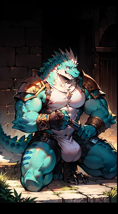 Mature male，lizardfolk，Anthropomorphic lizards，Huge crotch bulge，musculous，vast pecs，broad shoulder，Thick-breasted，Bare upper body，Blue scales，Wearing guards，Armed with a shield and machete，on one knee，Leather armor，Dungeon Keeper，full bodyesbian，in a pano...