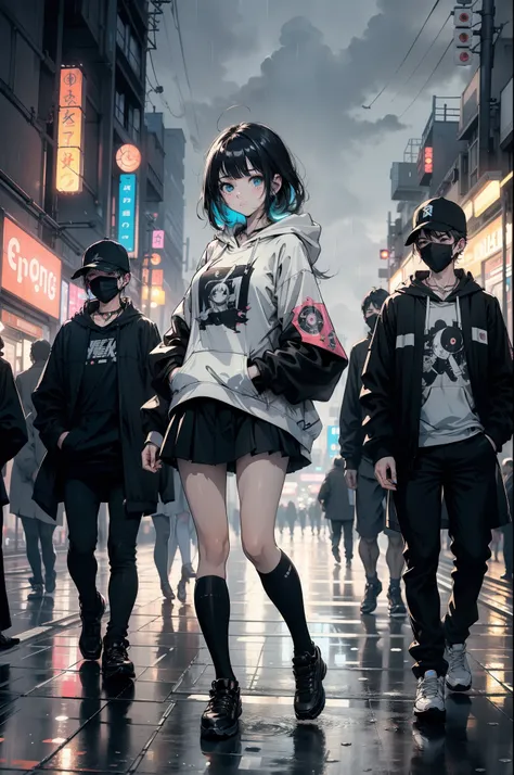 Masterpiece, Anime girl alone, unbelievable Ridiculous, Hoodie, Earphone, street, En plein air, rain, neonlight, Cyberpunk city, Neon lights.