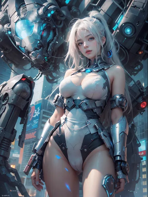 nsfw, 1girl, cyberpunk, robotic armor, (masterpiece: 1.4), (8K, realistic, raw photo, best quality: 1.4), nipple areola shape clear, nude, Japanese girl, beautiful cute face, (real face: 1.4), perfect pussy, beautiful hairstyle, realistic blue eyes, beauti...