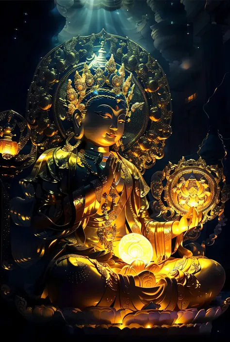 buddha with shining lights and shining orbs, buddhism, enlightenment. convoluted, glowing from the inside, spiritual enlightenme...