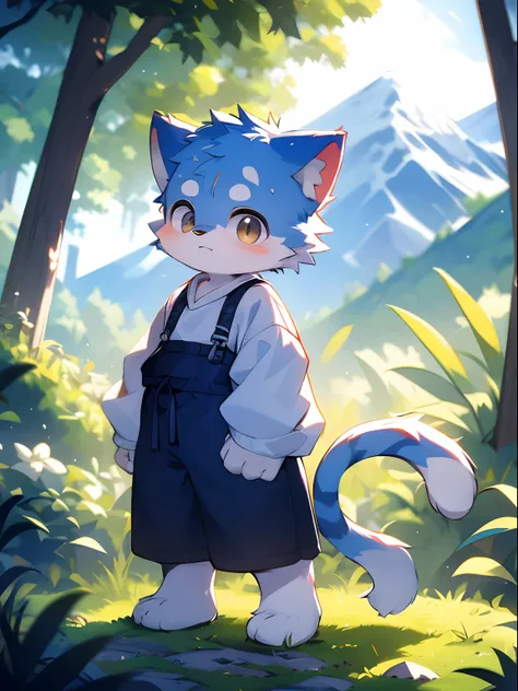 HS, (1boy:1.4), (jw3), cat boy, (furry:1.5),(cub), ultra cute face,light blue fur, body fur, (thick thighs:0.5), (full body:1.1), perfect lighting, (masterpiece), (ultra detailed), eyesgod, blush,White clothes,looking at viewer,pants,solo,tail,long dress,b...