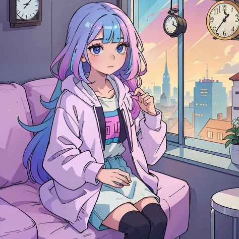 Unique beauty girl with iridescent hair and modern clothes looking at the clock and very sleepy, janela, amanhecer