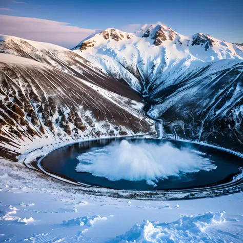 super high image, super detail, super high resolution, heavy snow, blizzard, avalanche, active volcanic crater, magma, eruption, professional lighting