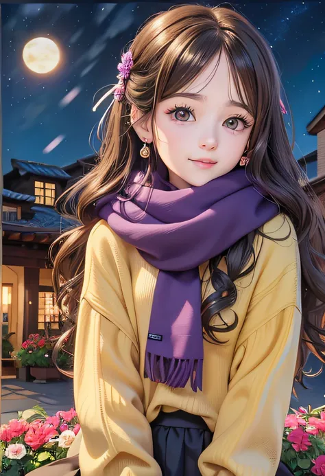 Long hair anime girl wearing purple scarf and yellow sweater, Anime style. 8K, Kawaii realistic portrait, Realistic anime 3 D style, Beautiful anime girl, Cute anime girl, Realistic cute girl painting, Smooth anime CG art, Cute anime girl portrait, a beaut...