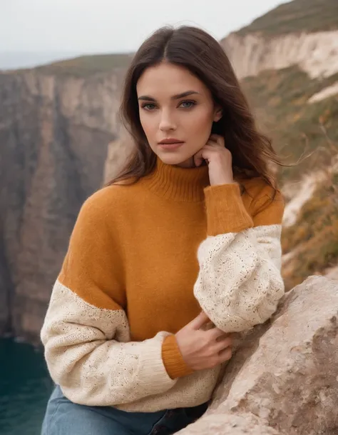 extreme close-up brunette wearing yellow sweater and brown boots in front of cliff, in the style of dark orange and white, monochrome geometry, zigzags, white and beige, photo taken with provia, dark beige and white, reefwave