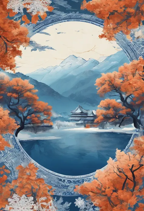 Autumn，Traditional Chinese solar terms，(((Blue snowflakes)))，National style，Ink wind，solid color backdrop，parched，Landscape view，Ink wind，solid color backdrop