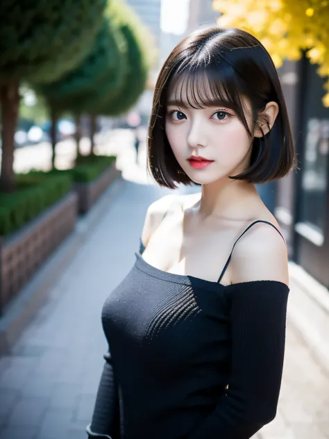 Best Quality, Full body portrait, Delicate face, Beautiful face, Big eyes: 1.1, makeup: 1.2, 25 years old female, Slim body, Small bust,  Black stockings, Outdoor Scene、Short hair, nakeness, nakeness, nakeness