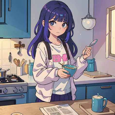 Unique beauty girl with iridescent hair and modern clothes sipping cereal with parents in the kitchen in the morning. She is looking unwilling to go to school