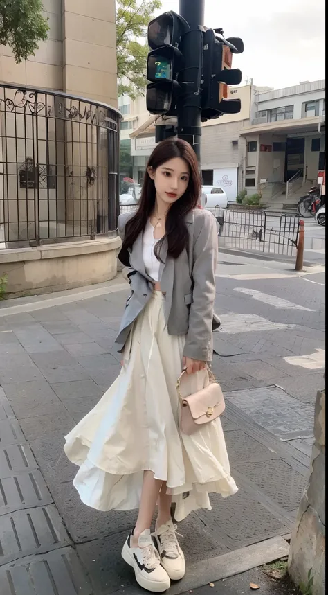 Woman standing on sidewalk with purse and shoes, dressed with long fluent clothes, wearing jacket and skirt, short skirt and a long jacket, wearing elegant casual clothes, cropped shirt with jacket, korean womens fashion model, Gray color, white trendy clo...