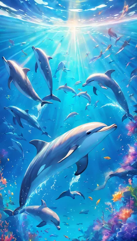 Drawing of dolphins swimming in colorful sea, Look up at the composition, Jellyfish and whales in the sky, inspired by Cyril Rolando, a beautiful artwork illustration, Authors：Sitao, colorful concept art, Makoto Shinkai Cyrillo Roland, in style of cyril ro...