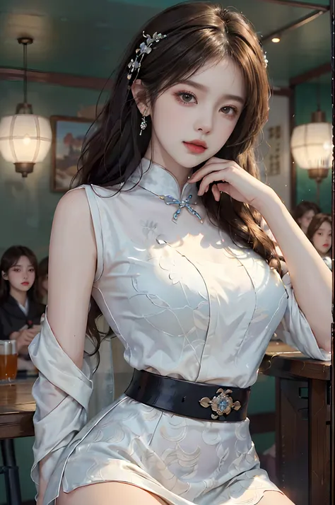 ((cowboy shot)), ((from below)), ((realistic)), 1 Asian female model, A young girl, (Close up), (in a pub, Sit Pose, Leaning against the bar), Look out the window, Pleasing posture, Eye-catching poses, Detailed scenes, Coiled hair, Hairpins, Beautiful hair...