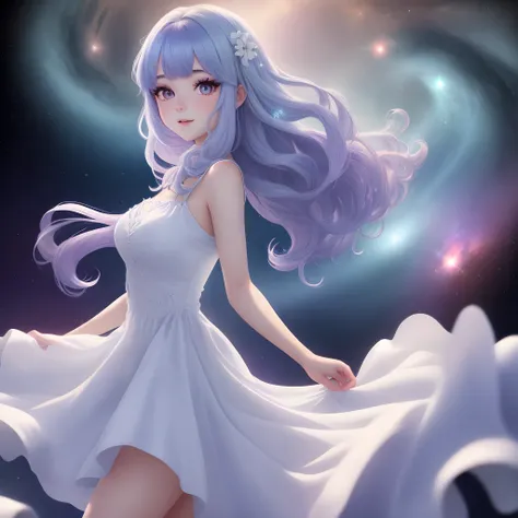 18-year-old girl with long galaxy-colored hair, ojos azules brillantes, vestido blanco resplandeciente, estilo anime 8k