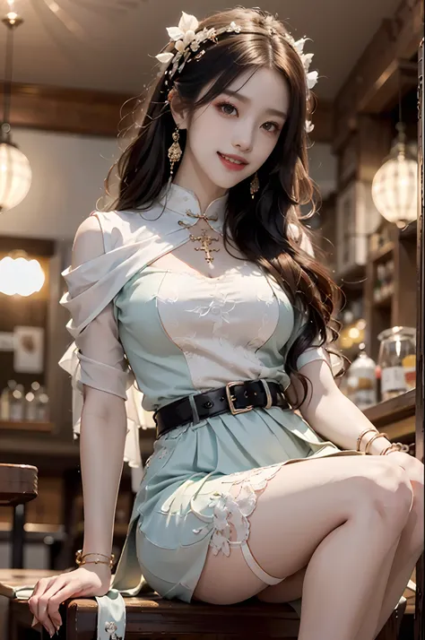 ((full body)), ((from below)), ((realistic)), 1 Asian female model, A young girl, (Close up), (in a pub, Stand up, Cross ed leg, Leaning against the bar), Look out the window, Pleasing posture, Eye-catching poses, Detailed scenes, Coiled hair, Hairpins, Be...