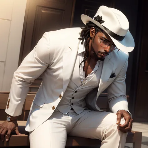 Black man in white linen suit and Panama hat