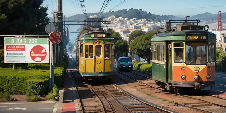 two trolleys on the tracks near a stop sign and a sign, trams, san francisco, tram, street tram, trams ) ) ), trains in the background, bay area, sf, photograph of san francisco, 4 0 9 6, former, lisbon, charging through city, vallejo, a hyper realistic, c...