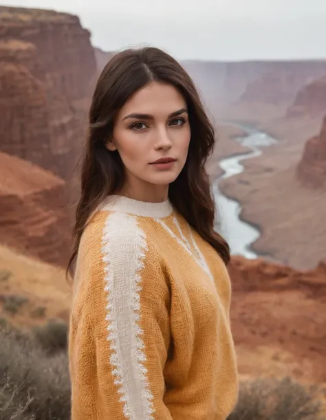 extreme close-up brunette wearing yellow sweater and brown boots in front of cliff, in the style of dark orange and white, monochrome geometry, zigzags, white and beige, photo taken with provia, dark beige and white, reefwave (medium long shot)