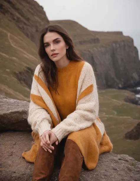 extreme close-up brunette wearing yellow sweater and brown boots in front of cliff, in the style of dark orange and white, monochrome geometry, zigzags, white and beige, photo taken with provia, dark beige and white, reefwave (medium long shot)