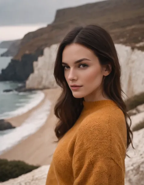 extreme close-up brunette wearing yellow sweater and brown boots in front of cliff, in the style of dark orange and white, monochrome geometry, zigzags, white and beige, photo taken with provia, dark beige and white, reefwave (medium long shot)