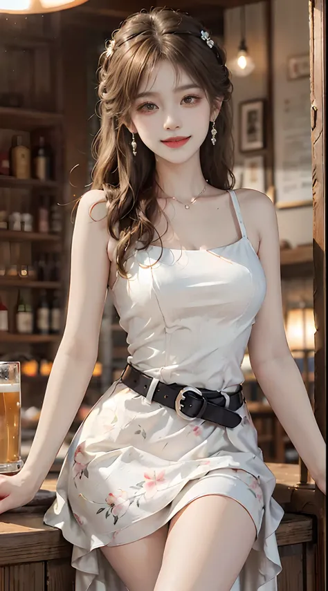 ((upper body)), ((from below)), 1 Asian female model, A young girl, (Close up), (in a pub, Stand up, Cross ed leg, Leaning against the bar), Look out the window, Pleasing posture, Eye-catching poses, Detailed scenes, Coiled hair, Hairpins, Beautiful hair a...