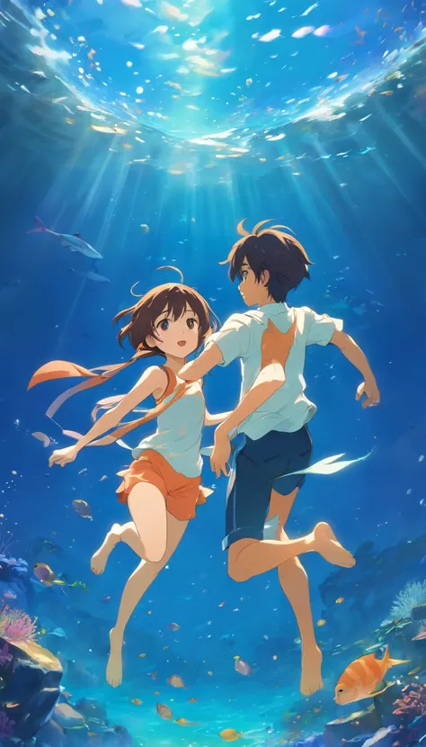 k hd，dream magical，scenecy，photorealestic，ocean floor，A boy and girl swim at the bottom of the sea