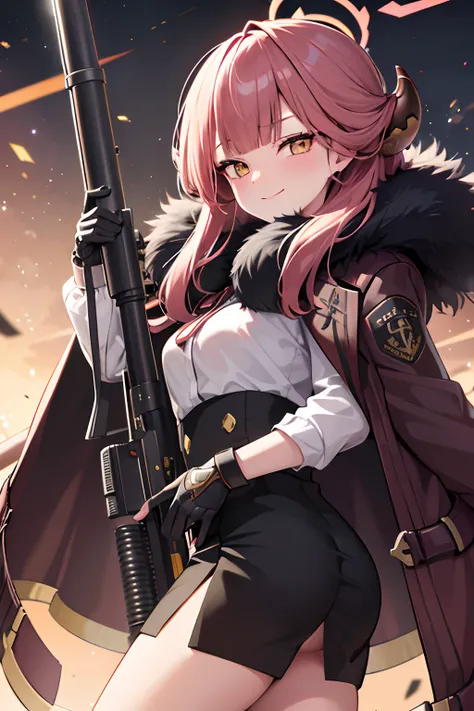 aru (blue archive), aru (new year) (blue archive), halo, masterpiece, aru, halo, horn, fur_trim, gun, weapon, rifle, sniper_rifle, 1girl, holding_gun, fur-trimmed_coat, fur-trimmed_sleeves, fur_collar, fur-trimmed_jacket, holding_weapon, bolt_action, coat,...