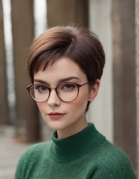 a short hair model wearing a green sweater with glasses, in the style of violet and orange, naive charm, dinocore, striped, high quality photo, light yellow and dark brown, matte photo