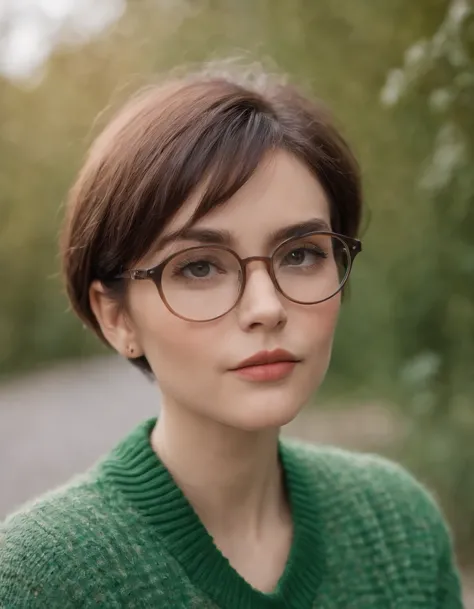 a short hair model wearing a green sweater with glasses, in the style of violet and orange, naive charm, dinocore, striped, high quality photo, light yellow and dark brown, matte photo