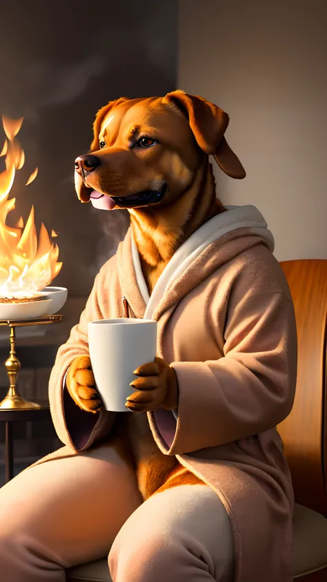 (best quality:1.23), (masterpiece:1.12), (realistic:1.24), (anthropomorphic  dog:1.5) holding a coffee cup, sitting, in a robe, eating breakfast and holding a coffee cup, hat, particles, volumetric lighting,  room burn down, ground and chair on fire, lots ...