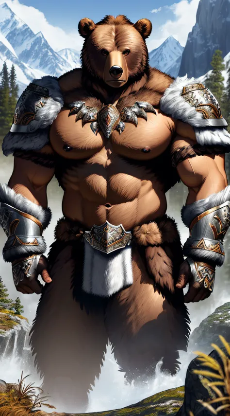 anthro (brown bear), male, adult, muscular, wears silver berserker armor, wields black berserker axe, (realistic fur, fur, realistic fur texture:1), detailed background, wilderness background, photorealistic, hyper realistic, ultra detailed