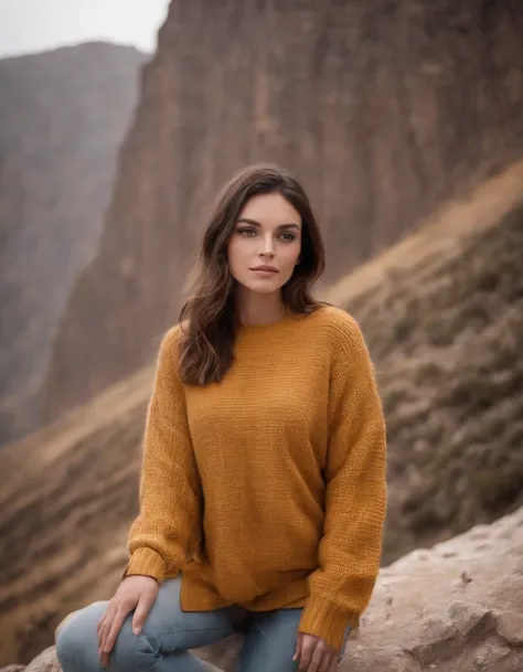 extreme close-up brunette wearing yellow sweater and brown boots in front of cliff, in the style of dark orange and white, monochrome geometry, zigzags, white and beige, photo taken with provia, dark beige and white, reefwave graceful posture (bust)