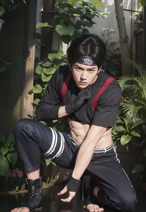 real life adaptation of this character, Korean teen handsome face, angry expression, realistic hairstyle, muscular body, realistic light, realistic shadow, (photorealistic: 1.2), realism, hyper realistic,realistic outfit,pose like ninja ,wear ninja headban...