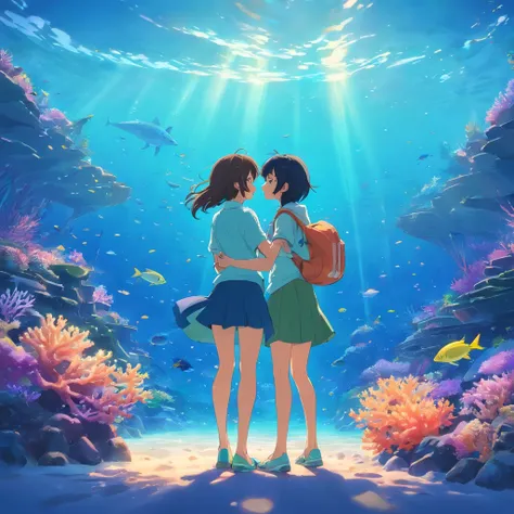 tmasterpiece，best qualtiy，cinematic Film still from，1girll，Boys and girls hug，ocean floor，Colorful sea，Marine life，The corals，The fish