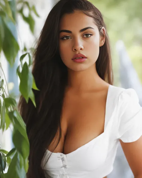 RAW photo, waist up portrait of ingrid Belásquez, Venezuelan, a beautiful woman around 18 years old, brunette, wears a white blouse, cleavage, (busty) petite, dark skin:1.2, wonderful long straight black hair, round face:1.2, childrens big eyes:1.3, exotic...