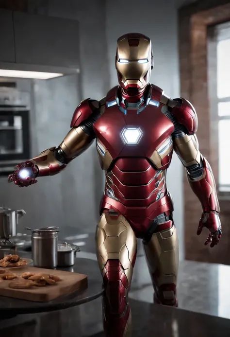 Marvels somber half-length portrait of Iron Man with his hands on a stainless steel table, with intricate angular cybernetic implants within a futuristic kitchen, cyberpunk, Foto premiada, Neon lights, cybernetic limb, obra maestra, UHD, 32K, ultrarrealist...