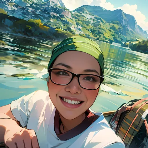 there is a woman glasses on a boat, mai anh tran, with mountains in the background,  with mountains in background, with mountains as background, lake in the background, vietnamese woman, with a beautifull smile, headscarf yellow and green