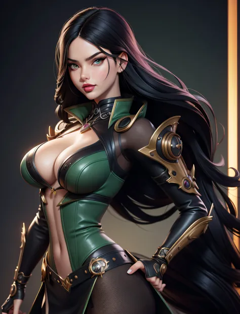 araffed woman (Adriana Lima :1.1)  red lips, green eyes, in a black and green outfit laying on a bed, seductive anime girl, extremely detailed artgerm, steampunk beautiful anime woman, steampunk pin-up girl, beautiful alluring anime woman, artgerm. anime i...