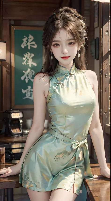 ((cowboy shot)), ((Shooting from a frontal perspective)), 1 Asian female model, A young girl, (Close up), (Indoors, Standing posture, Cross ed leg, leaning on a table), pretty pose, Eye-catching poses, Detailed scenes, Coiled hair, Hairpins, Beautiful hair...