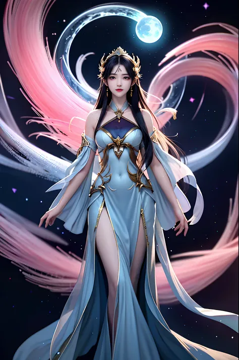 Under the deep and boundless cosmic starry sky，A goddess stood there，Her beauty and mystery are breathtaking。Her figure seemed so small in the starry night sky，But it exudes an indescribable grandeur。Her eyes shone like stars，Reflect the endless mysteries ...