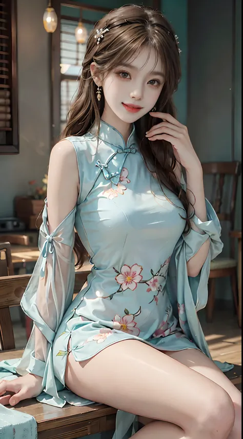 ((cowboy shot)), ((Shooting from a frontal perspective)), 1 Asian female model, A young girl, (Close up), (Indoors, Standing posture, Cross ed leg, leaning on a table), pretty pose, Eye-catching poses, Detailed scenes, Coiled hair, Hairpins, Beautiful hair...