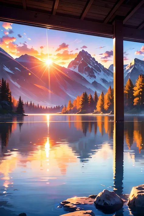 majestic mountains, sunrise, sunlight hitting mountains, reflections, crystal clear water lake, dawn, image seen from inside a kiosk on the lake, expansive image,((high quality)),((high definition)),((masterpiece))