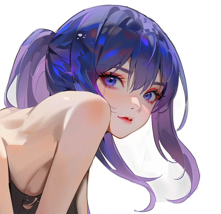 Anime girl with purple hair and blue eyes lying on her stomach, Enhance the sense of volume of the facial features，Solid，3D quadratic，photorealestic，mischievous expression，Squint slightly