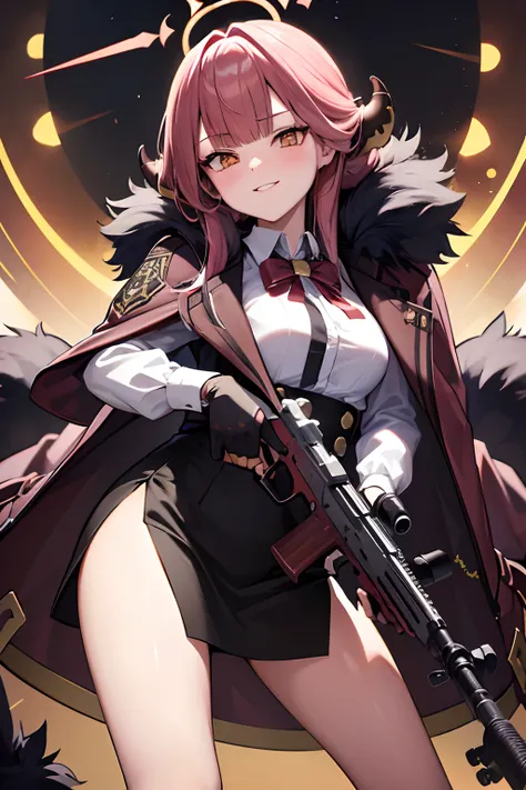 aru (blue archive), aru (new year) (blue archive), aru, halo, horn, fur_trim, gun, weapon, rifle, sniper_rifle, 1girl, holding_gun, fur-trimmed_coat, fur-trimmed_sleeves, fur_collar, fur-trimmed_jacket, holding_weapon, bolt_action, coat, gloves, anti-mater...