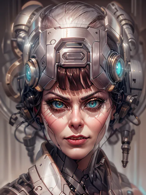 professional portrait of vicious nefarious female cyborgian mad cyborg scientist [Helena Bonham Carter:Lisa Stansfield:0.75], character, devious smirk, intricate, elegant, highly detailed, photorealistic  digital painting, artstation, concept art, smooth, ...