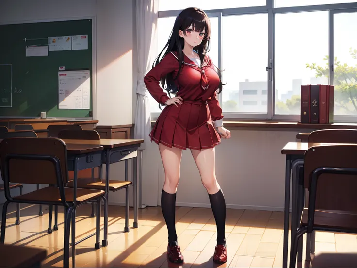 hi-school girl、(Full red uniform)、fullbody、In the classroom of  the school、((huge tit))、A dark-haired、Longhaire、Standing facing the front、standing